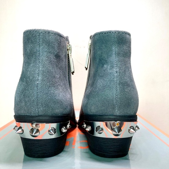 Sam Edelman Suede Leather Ankle Boots Low Heel Side Zipper Pointy Toe Grey Navy - Picture 3 of 8